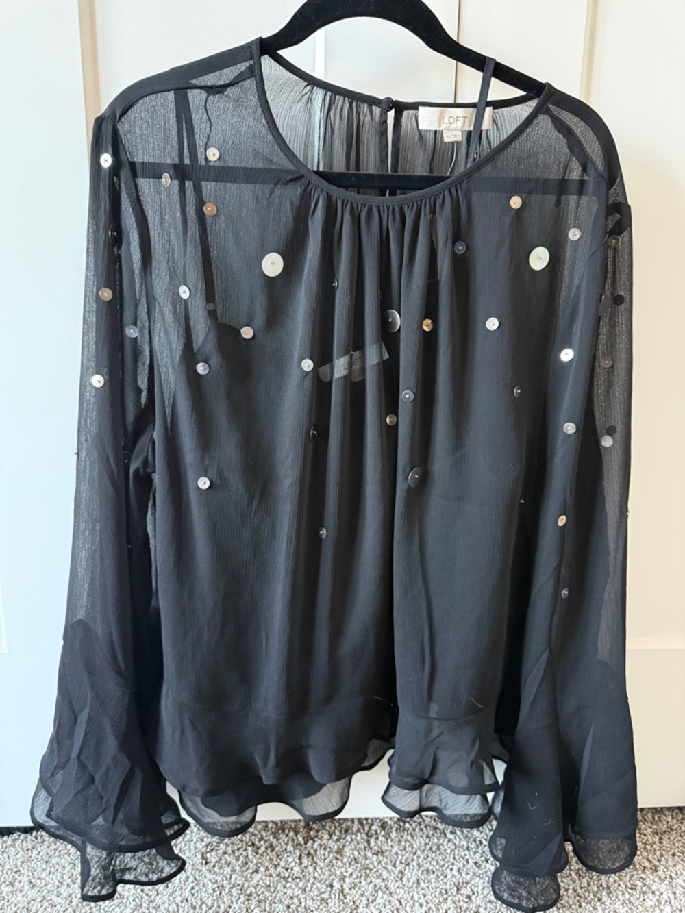 LOFT Black Sheer Sequin Long-Sleeve Blouse NWT